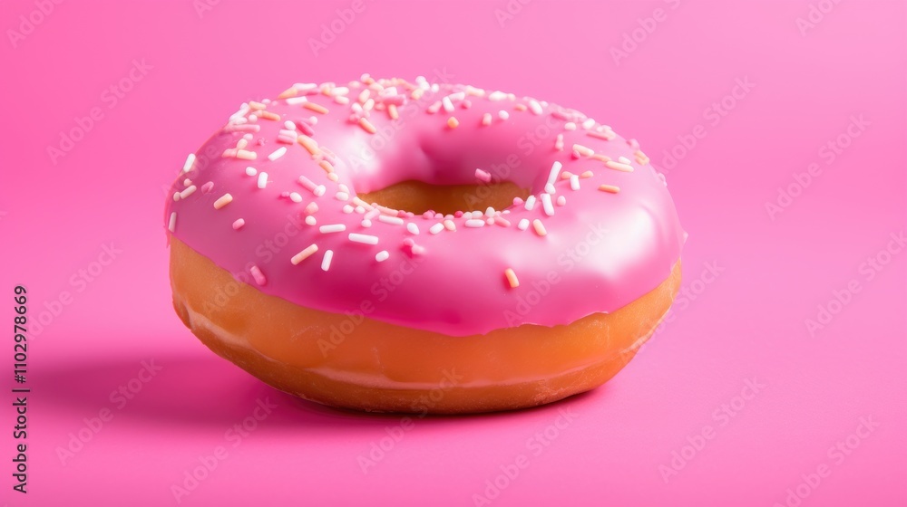 Classic pink donut with sprinkles on a vibrant pink background showcasing a delightful dessert perfect for marketing or culinary themes Classic pink donut with sprinkles on a vibrant pink background showcasing a delightful dessert perfect for marketing or culinary themes