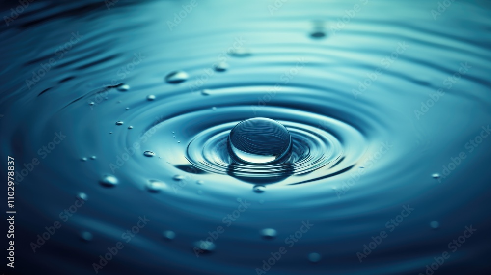 Water droplet creating ripples in tranquil blue water surface showcasing serenity and beauty in nature's reflection. Water droplet creating ripples in tranquil blue water surface showcasing serenity and beauty in nature's reflection.