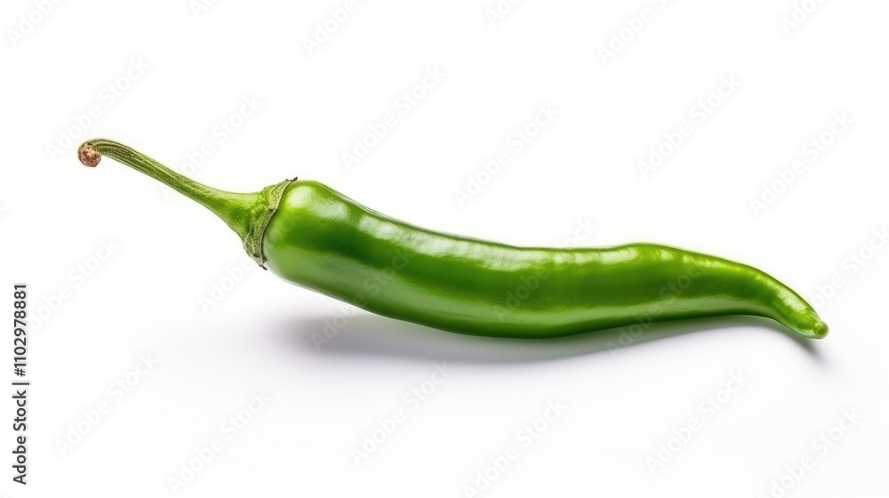 Fresh vibrant green chili pepper on a clean white background ideal for culinary presentations and food concept designs. Fresh vibrant green chili pepper on a clean white background ideal for culinary presentations and food concept designs.