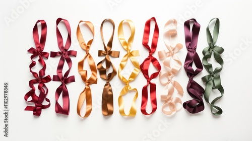 Collection of colorful ribbon pieces arranged on a white background showcasing individual ribbon styles and textures for creative projects photo