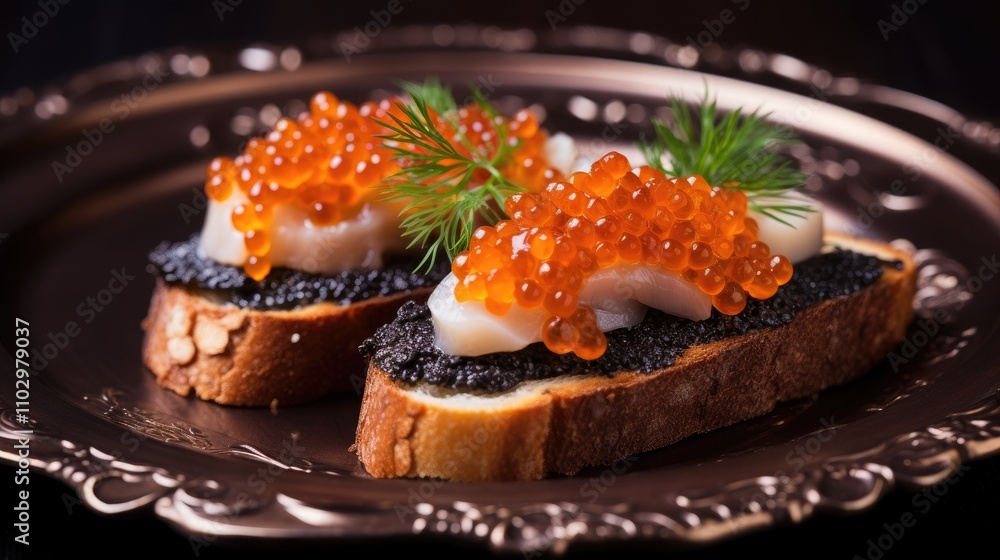 Smoked herring and red caviar delicately arranged on toast garnished with fresh dill on an elegant vintage platter Smoked herring and red caviar delicately arranged on toast garnished with fresh dill on an elegant vintage platter
