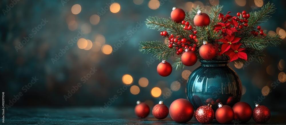 Fototapeta premium Festive vase arrangement featuring thuja branches, ornaments, and red poinsettias against a blurred bokeh background for holiday decor.