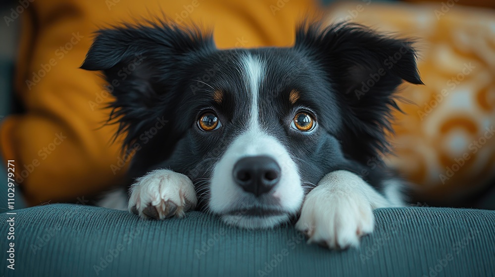 Young border collie puppy relaxing on a chair with orange pillows in a cozy indoor setting Young border collie puppy relaxing on a chair with orange pillows in a cozy indoor setting