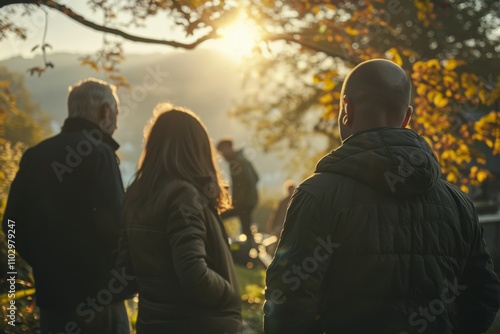 Group of people walking in the park at sunset. Back view.