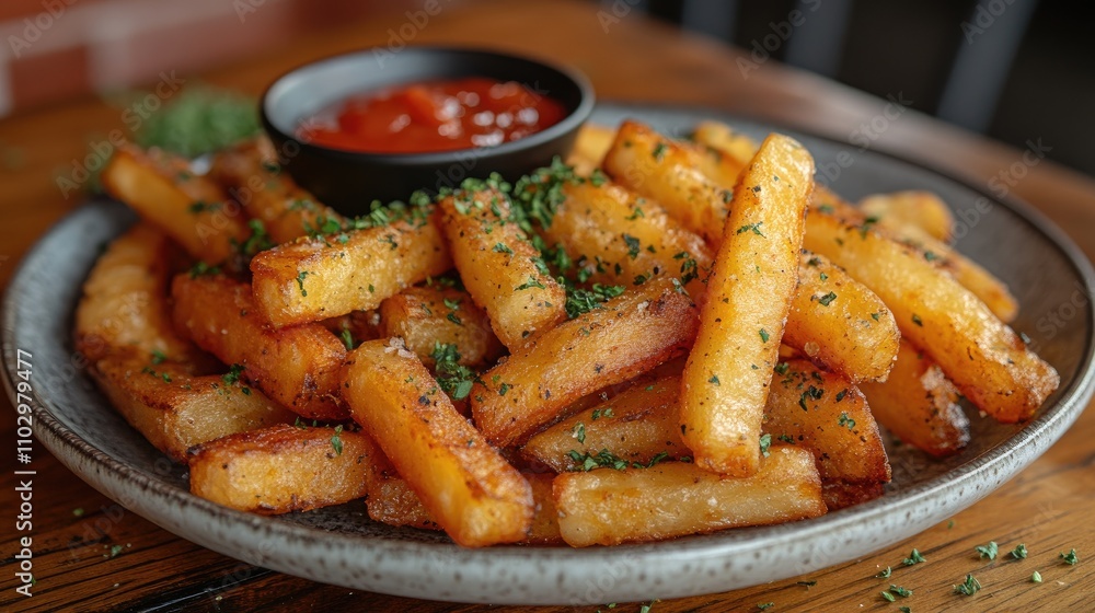 Delicious golden fries served with ketchup in a stylish cafe restaurant setting on a wooden table Delicious golden fries served with ketchup in a stylish cafe restaurant setting on a wooden table