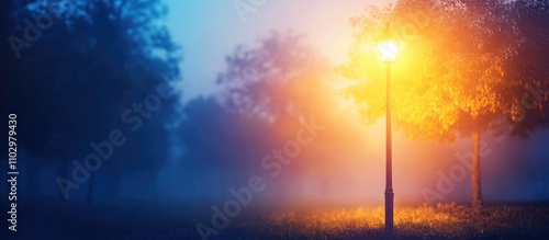 Summer evening silhouette of a street lamp glowing in misty landscape with sun flare and colorful horizon creating a serene natural ambiance photo