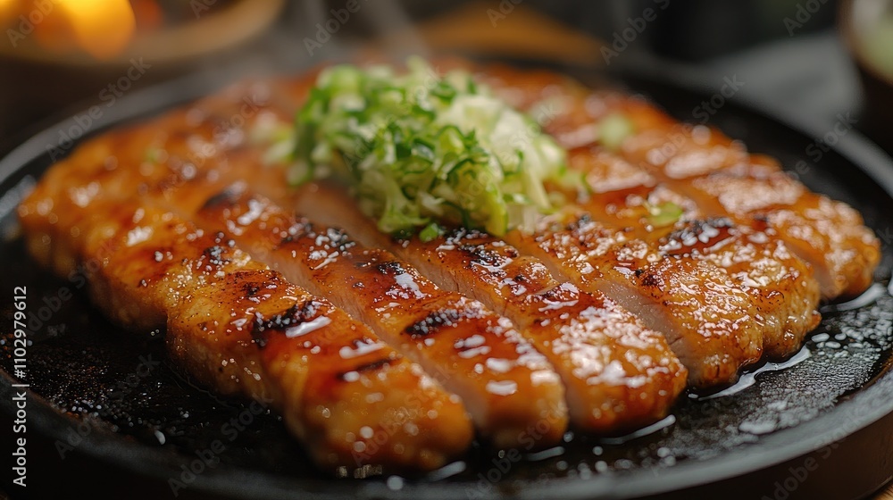 Pork cutlet garnished with cabbage shreds on a sizzling plate showcasing delicious culinary presentation Pork cutlet garnished with cabbage shreds on a sizzling plate showcasing delicious culinary presentation