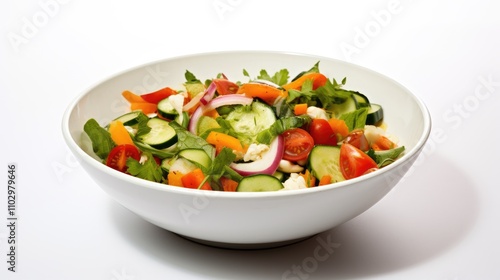 Fresh mixed vegetable salad in a white bowl showcasing vibrant ingredients on a clean white background for healthy eating concepts