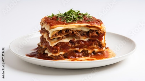 Layered lasagna with meat sauce and cheese garnished with herbs on a white plate against a minimalistic background