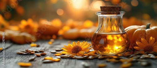 Pumpkin seed oil in a glass sauce boat with seeds and flowers on a rustic wooden surface illuminated by warm sunlight