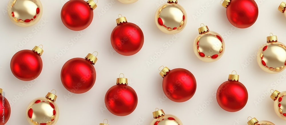 Golden and red Christmas ornament balls arranged on a white background ideal for festive designs or holiday-themed text overlays Golden and red Christmas ornament balls arranged on a white background ideal for festive designs or holiday-themed text overlays