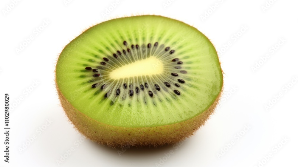 Fresh kiwi fruit slice showcasing vibrant green flesh and distinctive black seeds on a clean white background for culinary and health concepts. Fresh kiwi fruit slice showcasing vibrant green flesh and distinctive black seeds on a clean white background for culinary and health concepts.