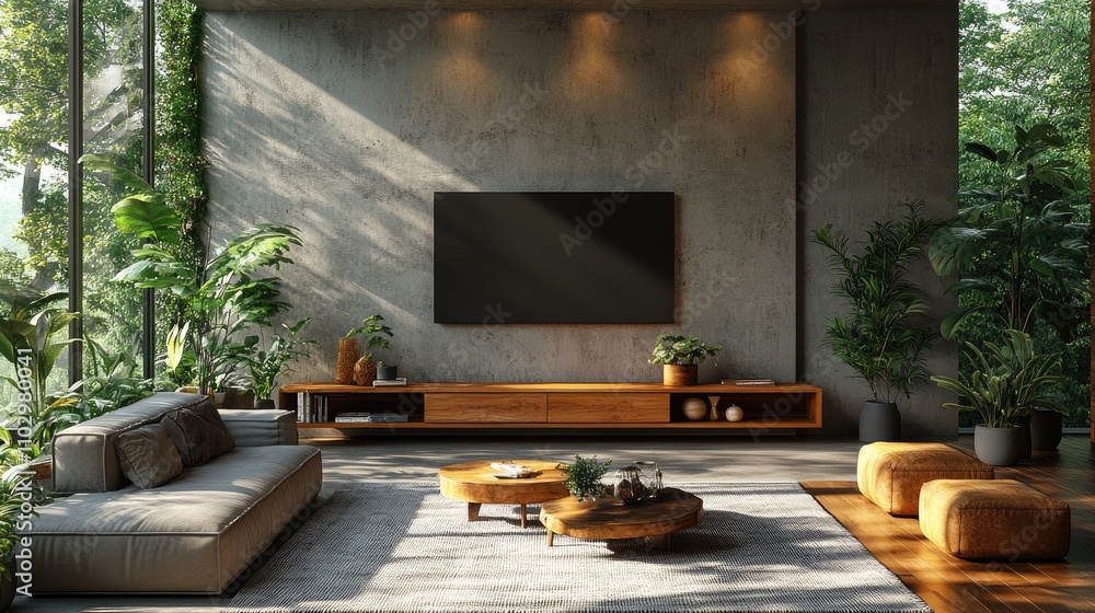 Modern living room with empty TV screen and natural light showcasing greenery and stylish furniture inviting decorative text placement Modern living room with empty TV screen and natural light showcasing greenery and stylish furniture inviting decorative text placement