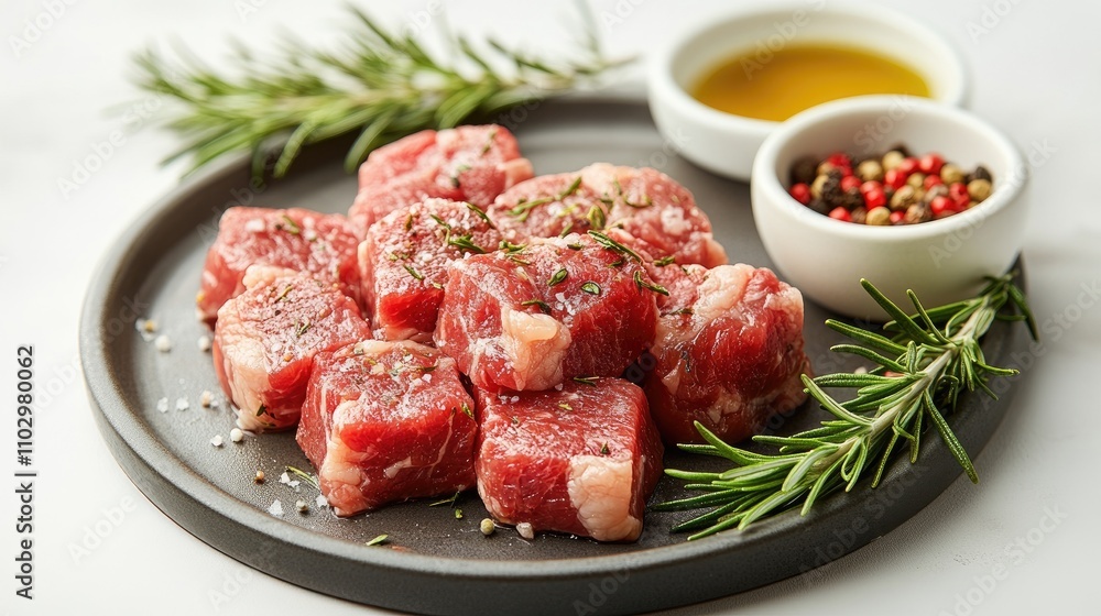 Raw beef cubes with rosemary garlic seasoning and olive oil served on a black plate against a clean white background Raw beef cubes with rosemary garlic seasoning and olive oil served on a black plate against a clean white background