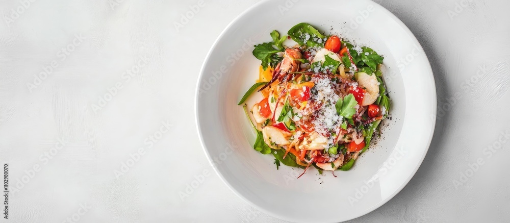 Spicy papaya salad with salted crab garnished with herbs and vegetables on a white plate viewed from above Spicy papaya salad with salted crab garnished with herbs and vegetables on a white plate viewed from above