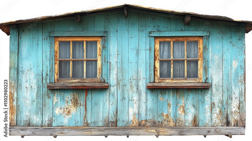 Small rustic blue wooden house with two windows showcasing vintage charm and weathered textures on a white background Small rustic blue wooden house with two windows showcasing vintage charm and weathered textures on a white background
