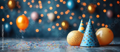 Colorful birthday party decorations with caps balloons and confetti arranged on a wooden table creating a festive celebration atmosphere. photo