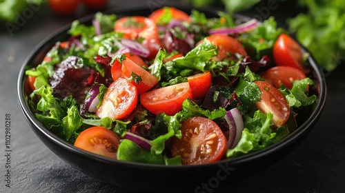 Fresh vibrant mixed salad with cherry tomatoes, greens, and red onions served in a black bowl on a rustic background.