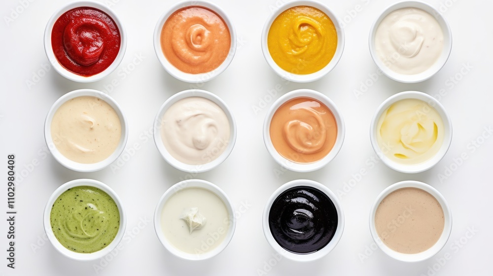 Array of colorful dipping sauces in bowls arranged on a white surface showcasing a variety of flavors and textures for culinary options Array of colorful dipping sauces in bowls arranged on a white surface showcasing a variety of flavors and textures for culinary options