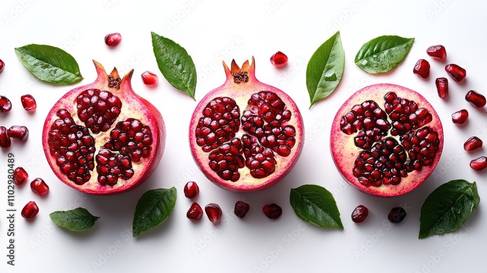 Halved red pomegranate with seeds and green leaves arranged on a white background showcasing fresh fruit and healthy eating concept Halved red pomegranate with seeds and green leaves arranged on a white background showcasing fresh fruit and healthy eating concept