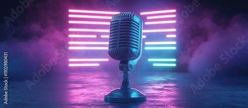 Condenser studio microphone on stand with neon lights background showcasing audio recording and dynamic visual effects concept photo