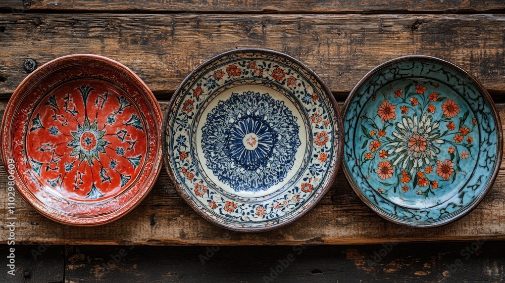 Ottoman style serving plates showcasing intricate designs and vibrant colors arranged on a rustic wooden background Ottoman style serving plates showcasing intricate designs and vibrant colors arranged on a rustic wooden background