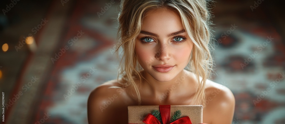 Blonde woman holding a beautifully wrapped gift box while sitting on a plush carpet in a cozy indoor setting. Blonde woman holding a beautifully wrapped gift box while sitting on a plush carpet in a cozy indoor setting.