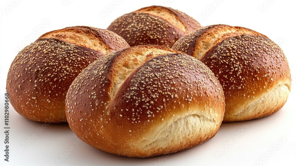 Freshly baked golden bread rolls with sesame seeds isolated on a clean white background ideal for food advertising and culinary designs Freshly baked golden bread rolls with sesame seeds isolated on a clean white background ideal for food advertising and culinary designs