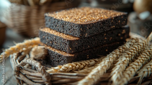 Rustic still life of black bread and wheat ears in a vintage basket highlighting healthy eating and natural ingredients for a wholesome diet photo