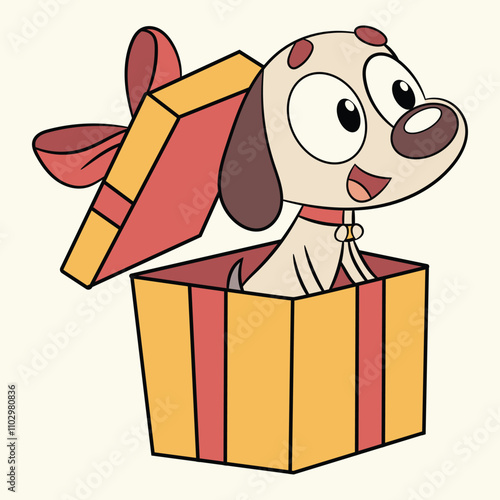Cute dog cartoon character coming out of gift box vector illustration