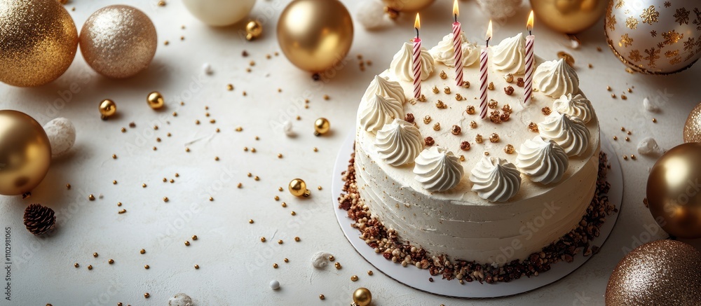 Fototapeta premium Elegant flat lay of a festive white gold cake surrounded by party decorations including balloons, hats, and candles for a celebration.