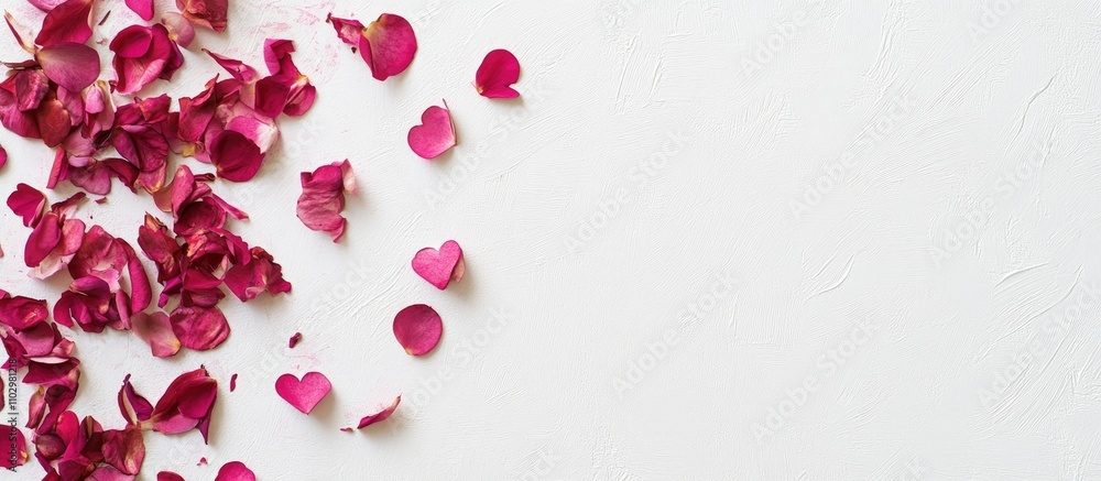 Elegant blank card surrounded by pink heart-shaped petals on a white background perfect for love-themed invitations and messages Elegant blank card surrounded by pink heart-shaped petals on a white background perfect for love-themed invitations and messages