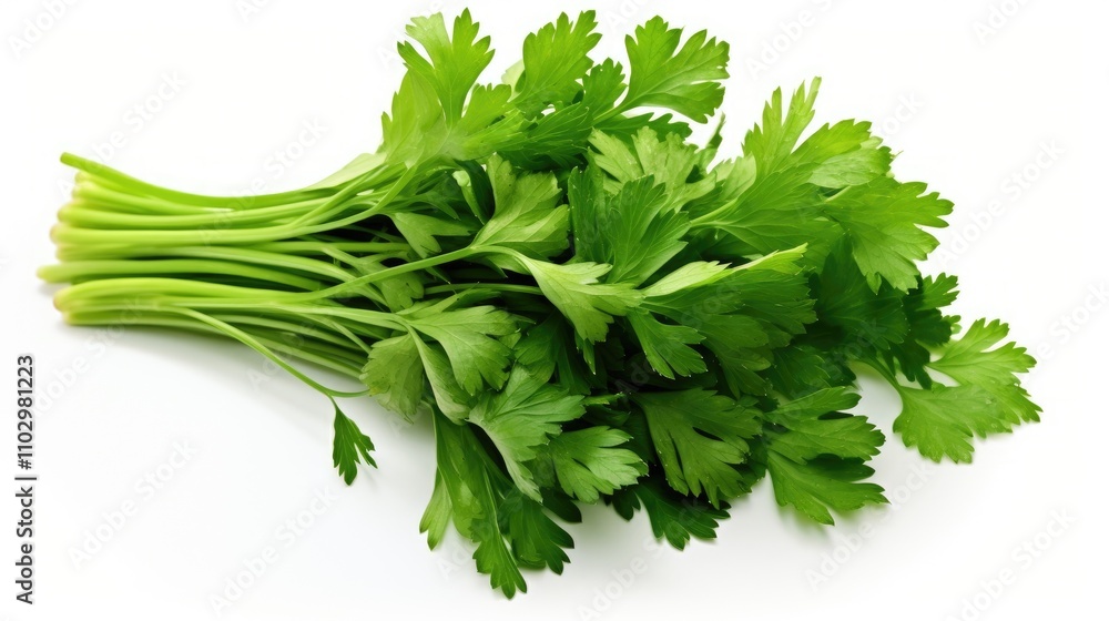 Fresh green coriander leaves arranged on a white background showcasing their vibrant color and texture for culinary and health uses Fresh green coriander leaves arranged on a white background showcasing their vibrant color and texture for culinary and health uses