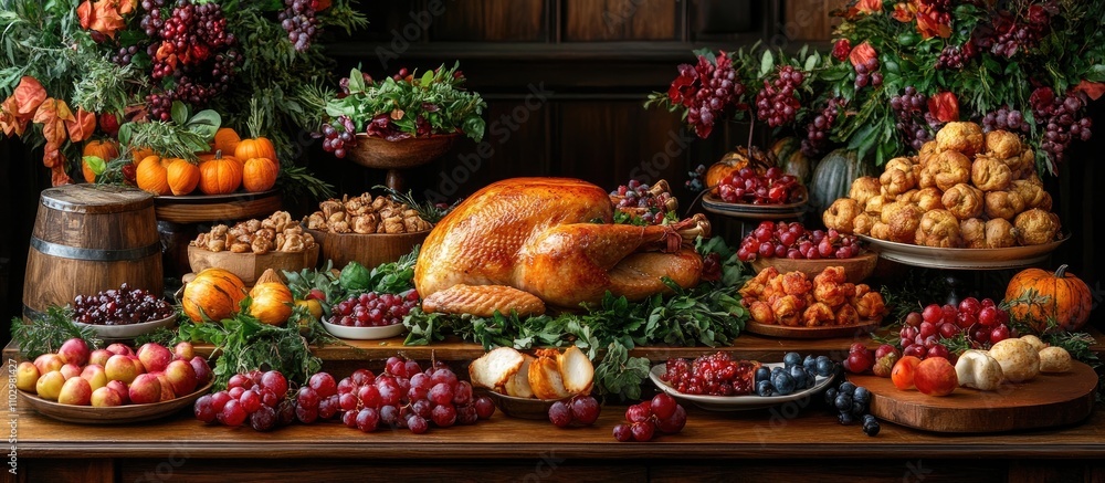 Festive Thanksgiving feast showcasing a beautifully roasted turkey surrounded by fruits and seasonal decorations on a rustic table. Festive Thanksgiving feast showcasing a beautifully roasted turkey surrounded by fruits and seasonal decorations on a rustic table.