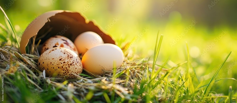 Chicken and quail eggs resting in a bed of lush grassy meadow under soft sunlight Chicken and quail eggs resting in a bed of lush grassy meadow under soft sunlight