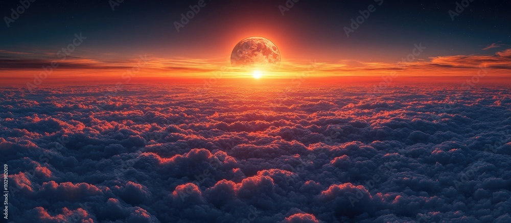 Moonrise over a landscape of vibrant clouds illuminated by a stunning sunset in a serene sky setting. Moonrise over a landscape of vibrant clouds illuminated by a stunning sunset in a serene sky setting.
