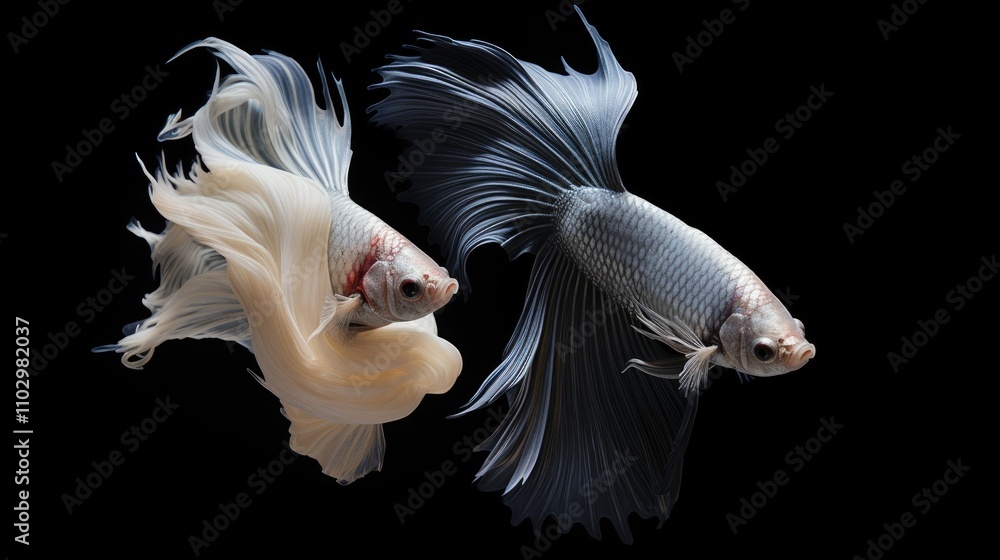Two Siamese fighting fish swimming gracefully on a black background showcasing their vibrant colors and flowing fins. Two Siamese fighting fish swimming gracefully on a black background showcasing their vibrant colors and flowing fins.