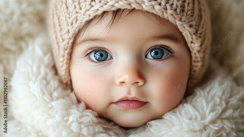 adorable baby with blue eyes wearing a knitted hat and snuggled in cozy fur against a soft white background adorable baby with blue eyes wearing a knitted hat and snuggled in cozy fur against a soft white background
