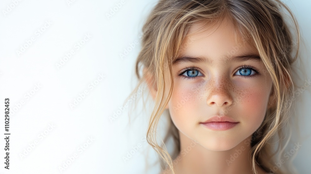 Candid portrait of a young girl with blue eyes and freckles in a minimalist studio setting with a white background Candid portrait of a young girl with blue eyes and freckles in a minimalist studio setting with a white background