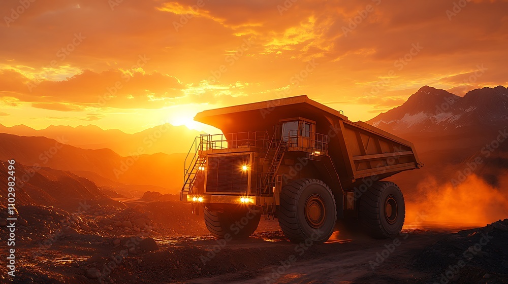Mining dump truck transporting a heavy load of ore at sunset, glowing orange light reflecting off the minerals, rocky mountains silhouetted in the background, dust swirling around the tires, Mining dump truck transporting a heavy load of ore at sunset, glowing orange light reflecting off the minerals, rocky mountains silhouetted in the background, dust swirling around the tires,
