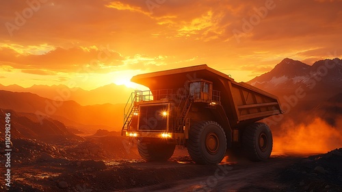 Mining dump truck transporting a heavy load of ore at sunset, glowing orange light reflecting off the minerals, rocky mountains silhouetted in the background, dust swirling around the tires, photo