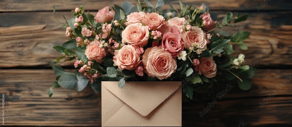 romantic wedding setup with pink flower bouquet and elegant envelope invitation on rustic wooden background