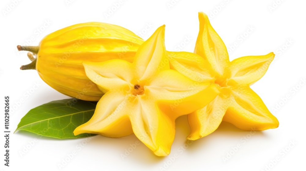 Fresh star fruit and sliced pieces with green leaves on a clean white background showcasing vibrant yellow colors and unique shape Fresh star fruit and sliced pieces with green leaves on a clean white background showcasing vibrant yellow colors and unique shape