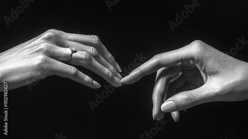 Intertwined Hands with Engagement Ring Create Intimate Connection Against Dramatic Black Background photo