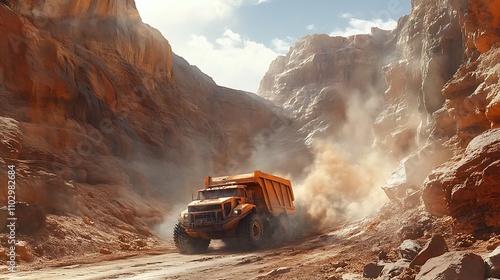 Mining truck fully loaded with iron ore, passing through a narrow path between towering rock formations, clouds of dust illuminated by sunlight, realistic metal textures, vivid details of minerals, photo