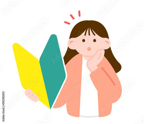 初心者マークを持つ女性のシンプルイラスト