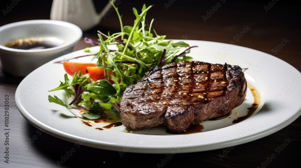 Grilled beef steak garnished with black pepper accompanied by fresh salad on a white plate showcasing gourmet dining experience. Grilled beef steak garnished with black pepper accompanied by fresh salad on a white plate showcasing gourmet dining experience.