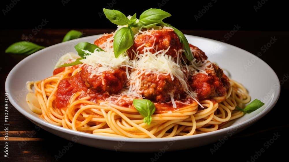 Italian spaghetti with meatballs topped with cheese and fresh basil in rich tomato sauce on dark wooden background Italian spaghetti with meatballs topped with cheese and fresh basil in rich tomato sauce on dark wooden background