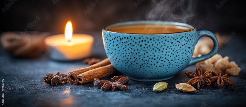 Traditional Indian masala chai in blue cup with spices and candle on textured backdrop capturing warmth and rich cultural flavors Traditional Indian masala chai in blue cup with spices and candle on textured backdrop capturing warmth and rich cultural flavors