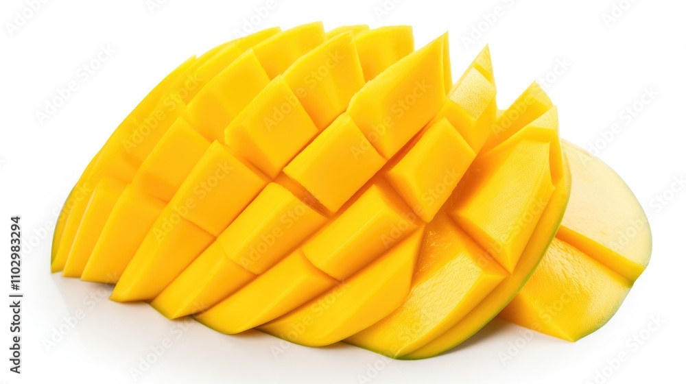 Freshly sliced mango showcasing vibrant yellow flesh on a clean white background perfect for food and nutrition concepts Freshly sliced mango showcasing vibrant yellow flesh on a clean white background perfect for food and nutrition concepts